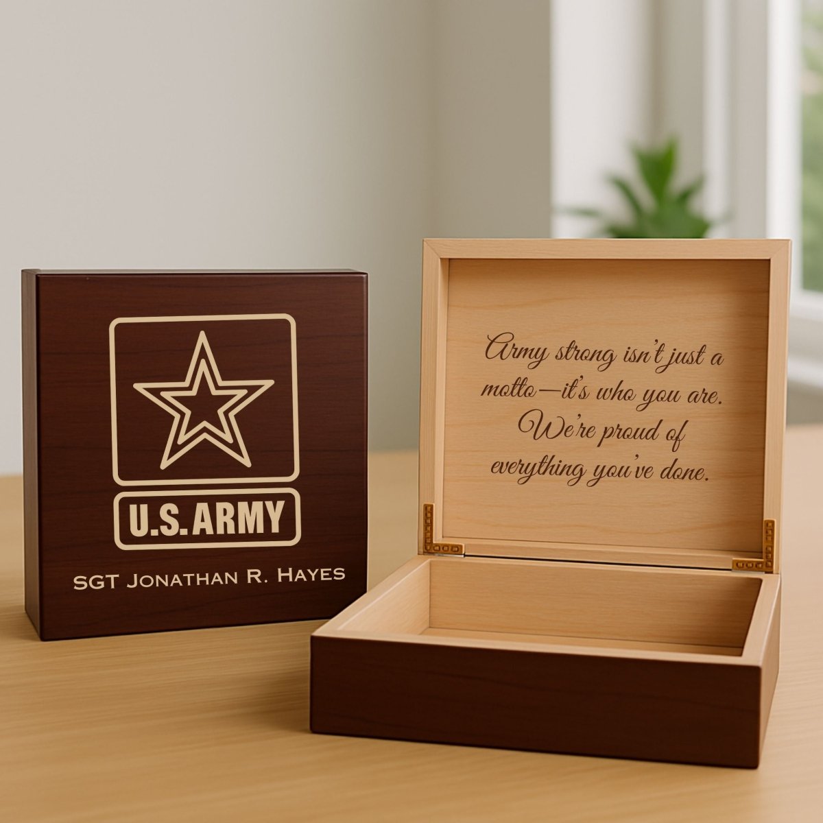 Custom wooden Army keepsake box with engraved name, emblem, and personal message