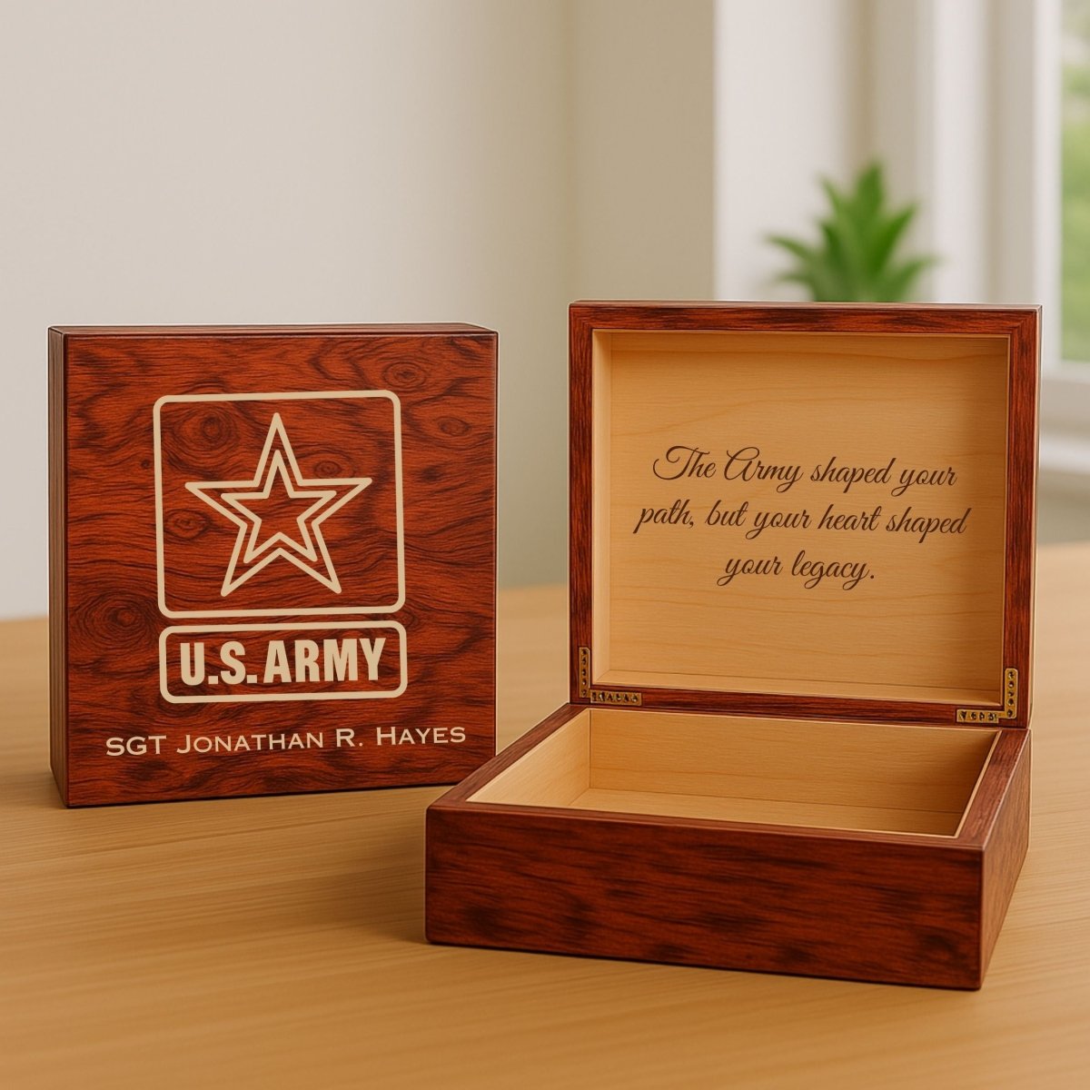 Custom wooden Army keepsake box with engraved name, emblem, and personal message