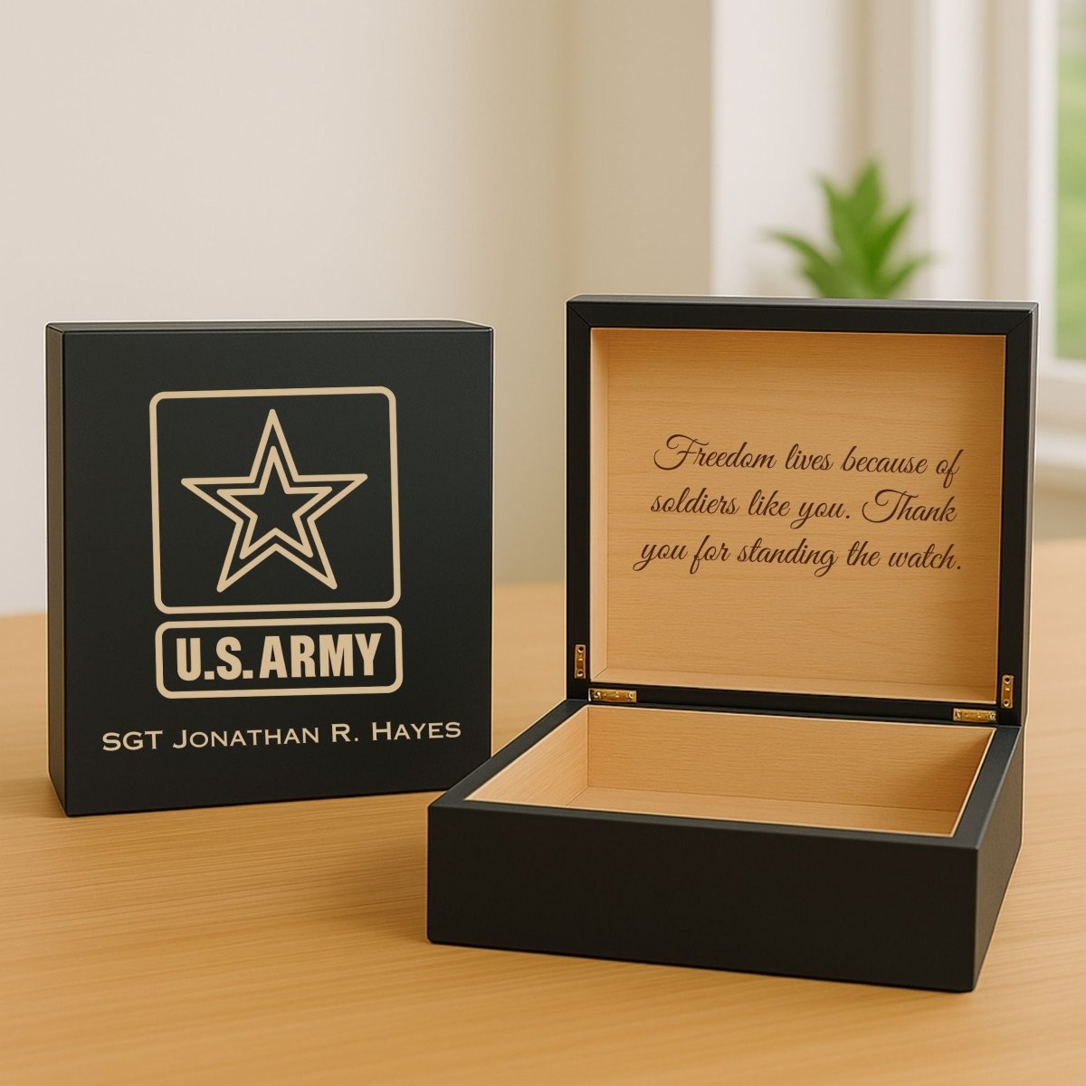 Custom wooden Army keepsake box with engraved name, emblem, and personal message