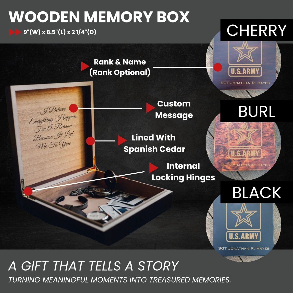 Custom wooden Army keepsake box with engraved name, emblem, and personal message
