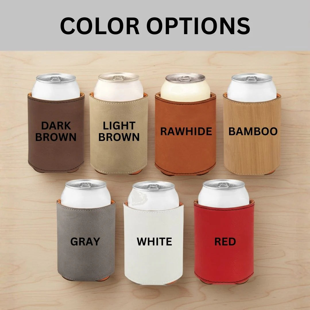 Seven can koozies in color options: dark brown, light brown, rawhide, bamboo, gray, white, and red leather sleeves with white cans