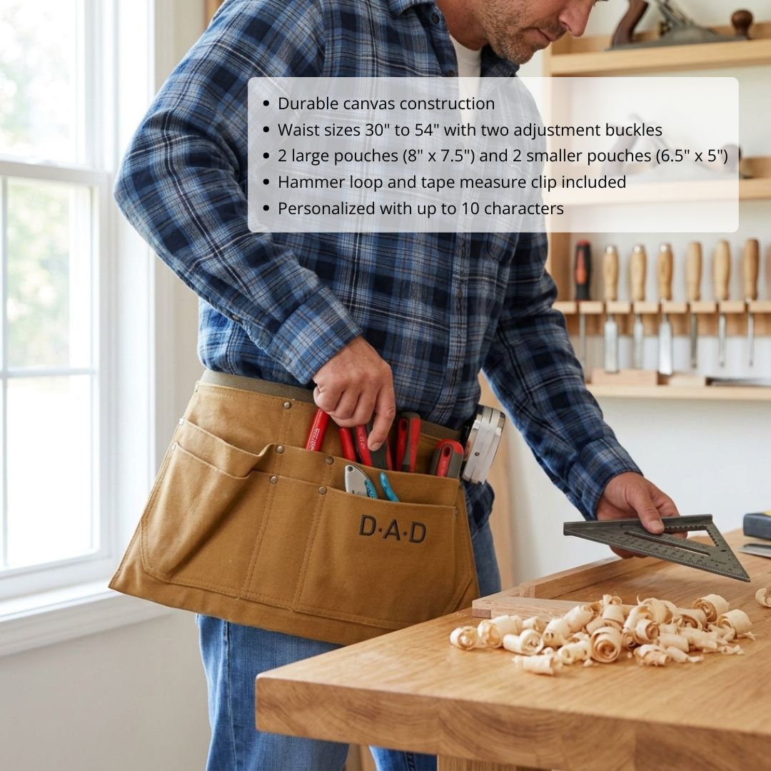 Tan canvas tool belt worn while working at a wooden workbench, engraved with sample text "D.A.D" and filled with red-handled tools and a tape measure