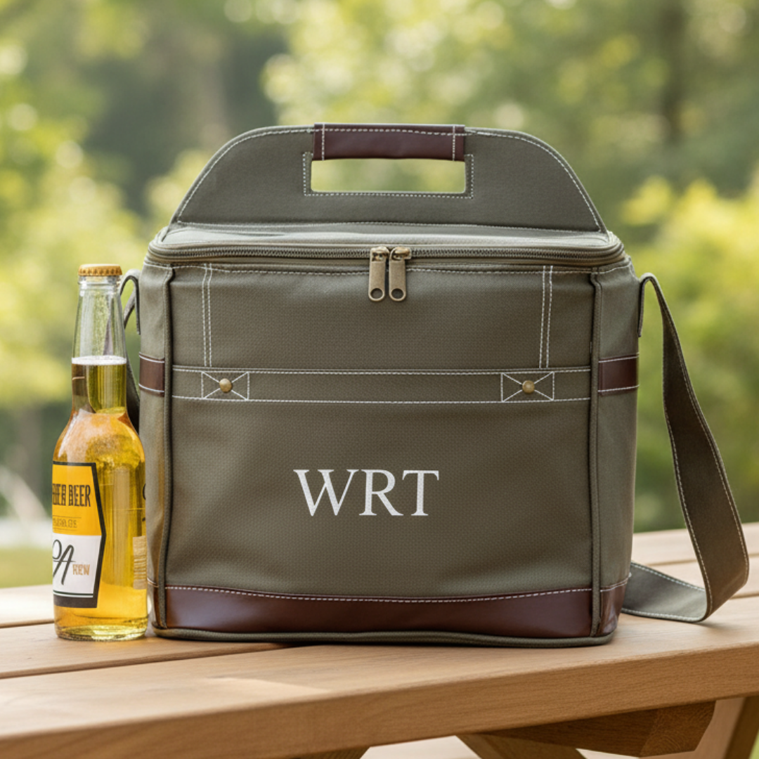 Olive canvas cooler bag with brown leather trim and dual handles, personalized with sample monogram "WRT" in white embroidery, displayed outdoors next to a beer bottle