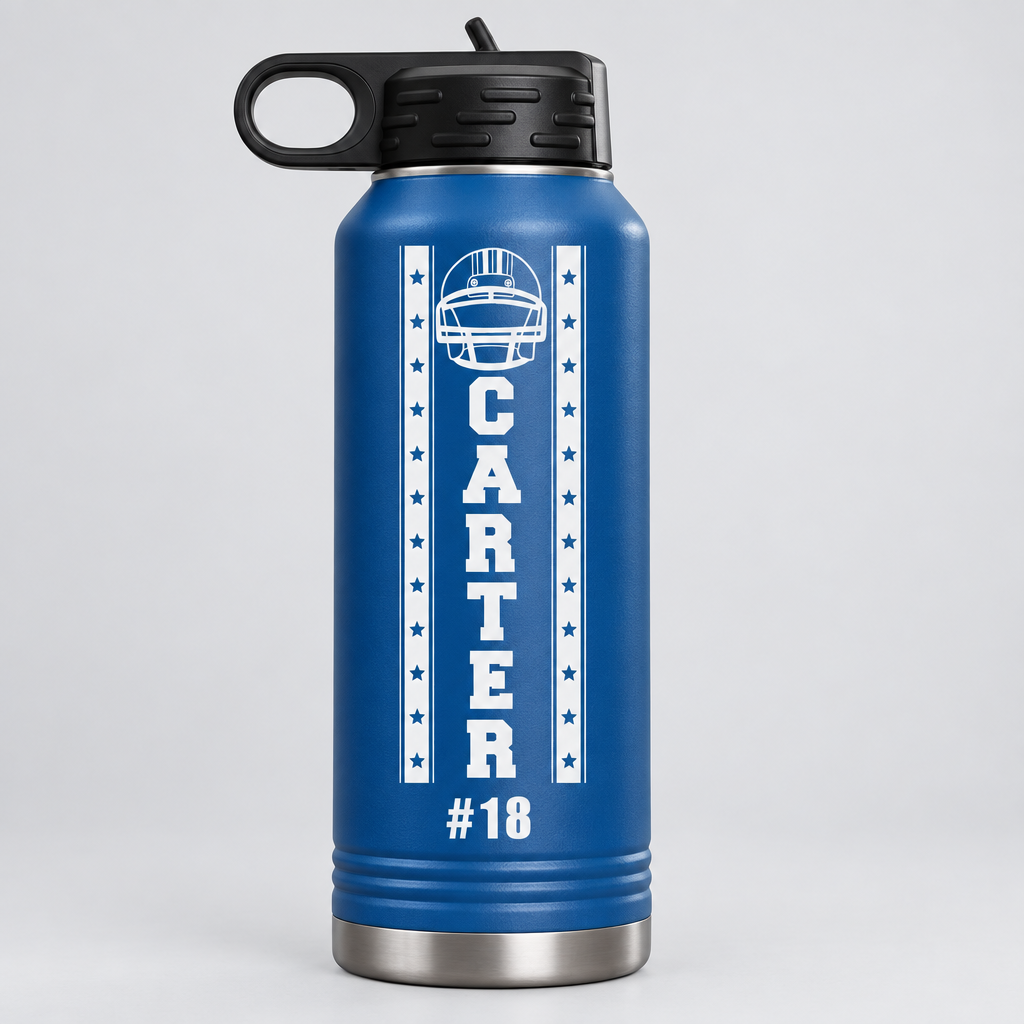 Royal blue personalized football player water bottle engraved with a football helmet, the player name Carter, and jersey number 18, 32oz insulated stainless steel.