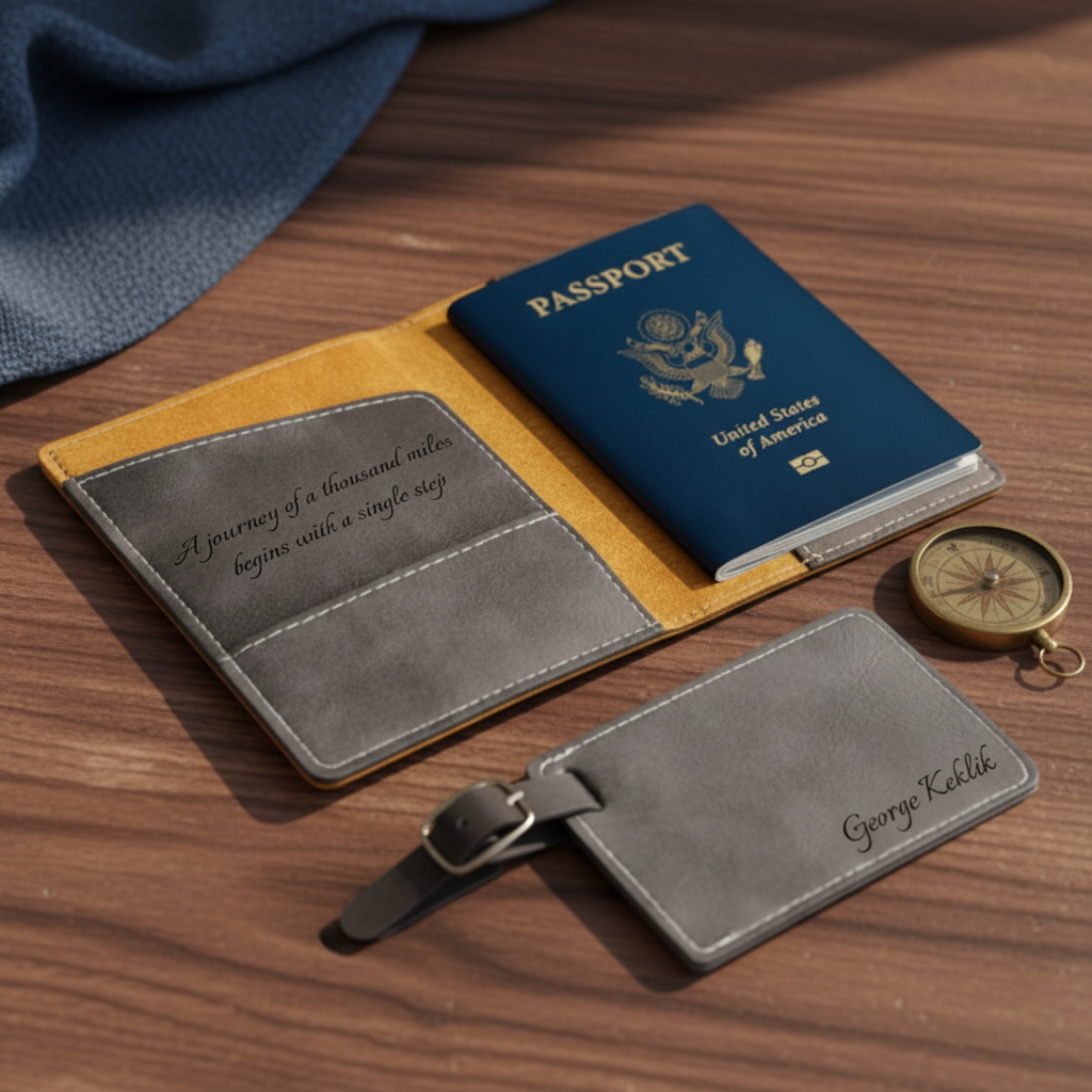 Passport cover in mustard leather with engraved quote, paired with personalized luggage tag reading "George Kellosk", compass, and blue passport on wooden surface