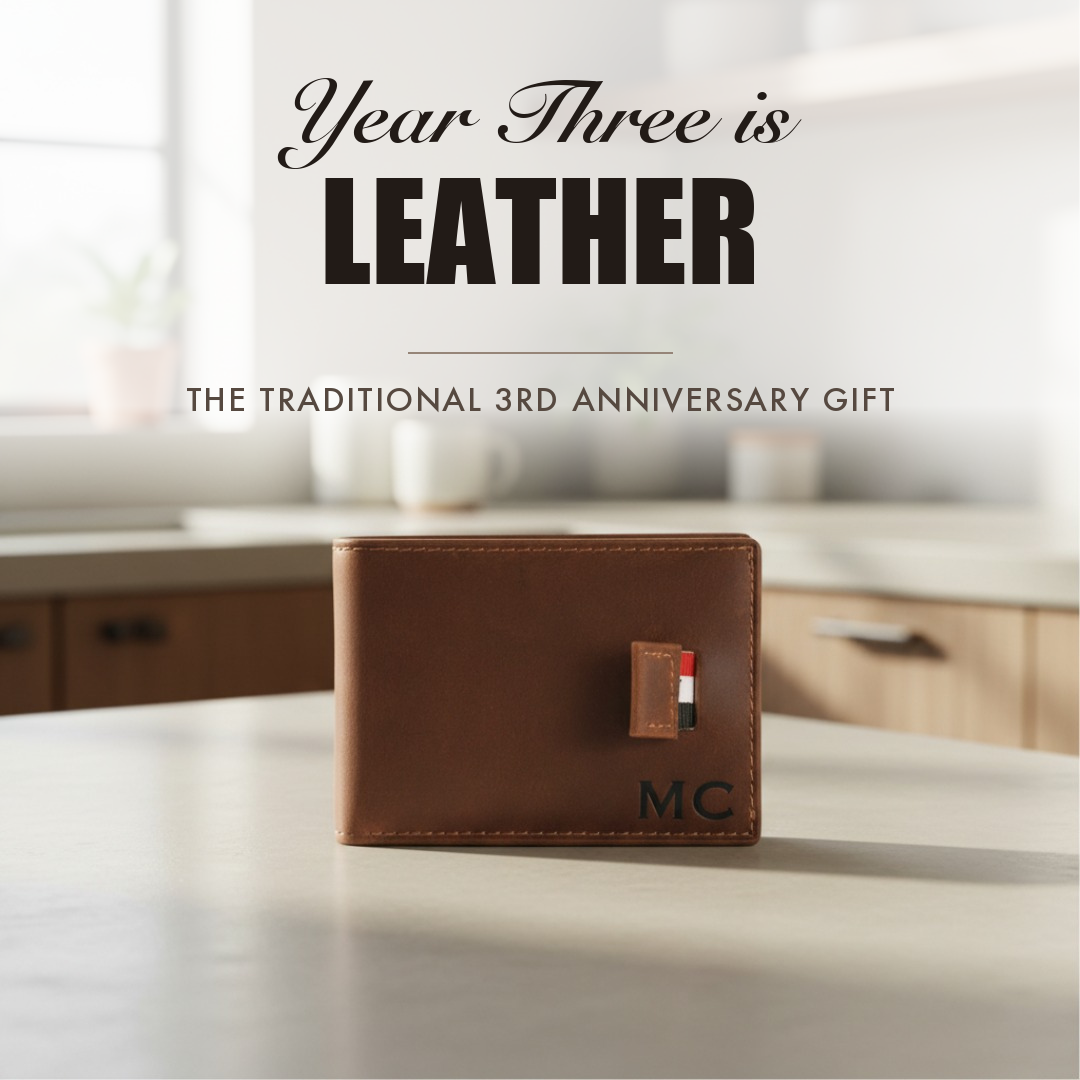 Brown leather bifold wallet engraved with initials, captioned Year Three is Leather, the traditional third wedding anniversary gift.