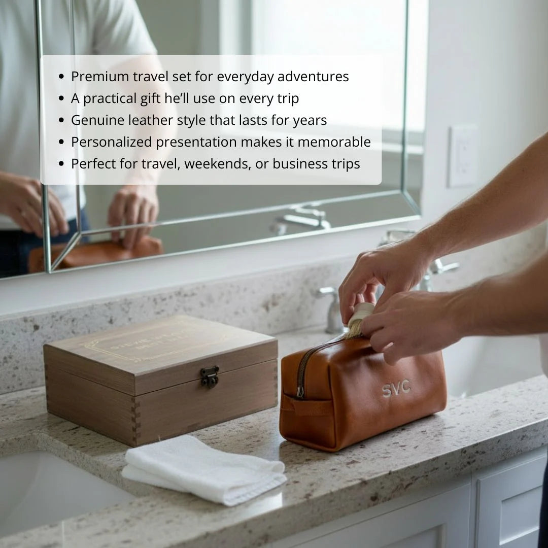 Cognac leather dopp kit with monogram sample "SVG" displayed next to wooden keepsake box on bathroom counter