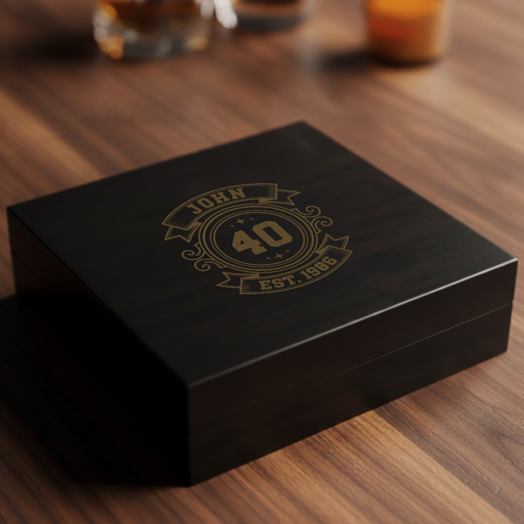 Personalized 40th birthday keepsake box in black wood engraved with a gold crest reading John, 40 and Est 1986, shown on a walnut table with whiskey glasses behind it