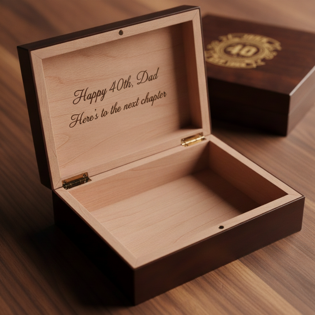 Open personalized 40th birthday keepsake box showing the Spanish cedar interior and an engraved script message inside the lid reading Happy 40th Dad, beside the closed crested box