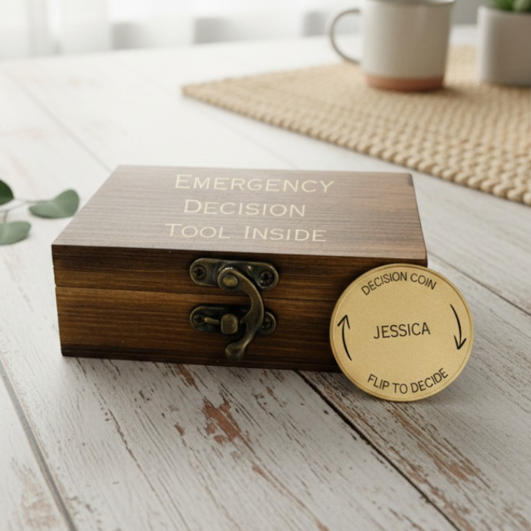 Dark wood box with engraved "Emergency Decision Tool Inside" and brass decision coin personalized with sample name "Jessica" and "Flip to Decide" text