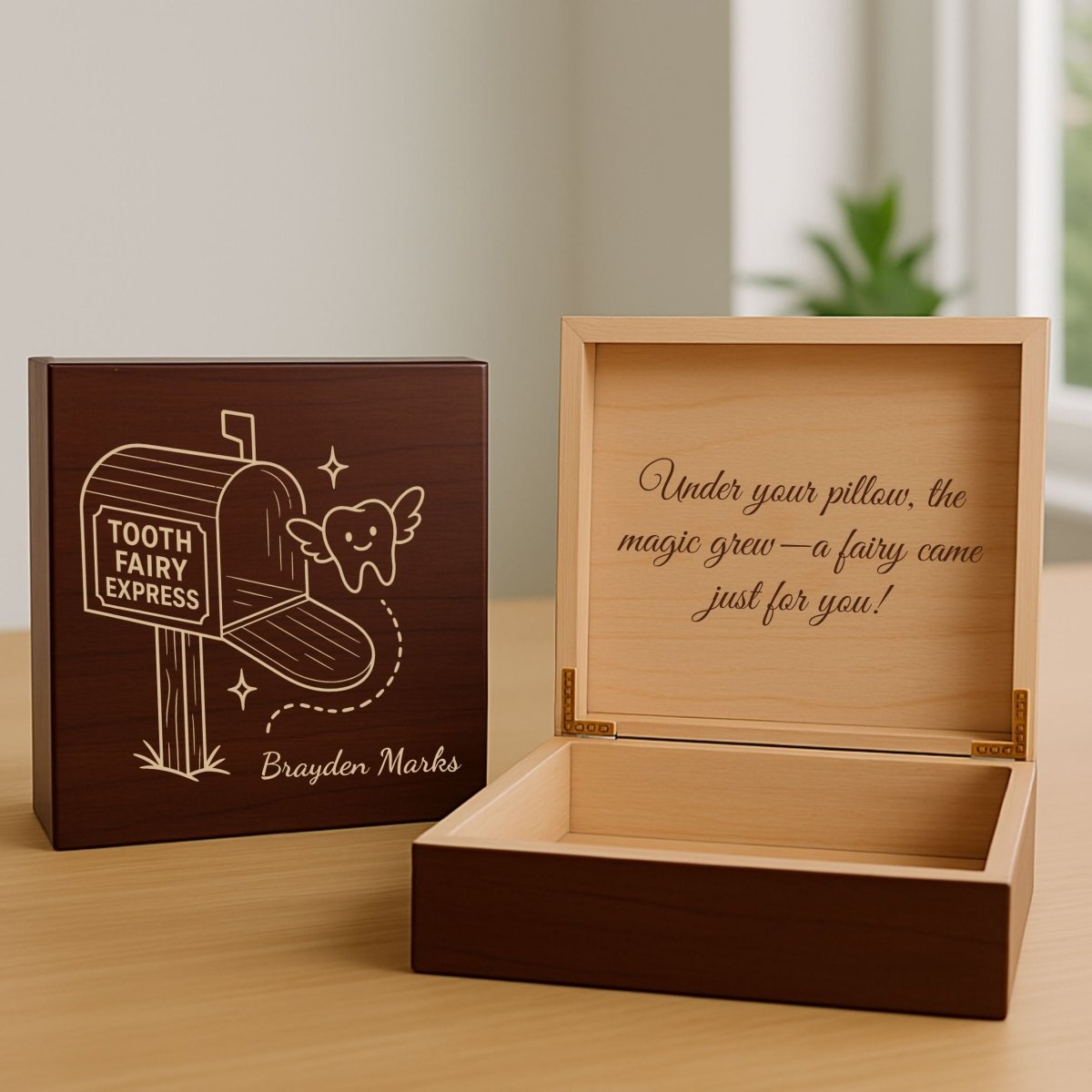 Wooden tooth fairy keepsake box with custom child’s name and engraved message