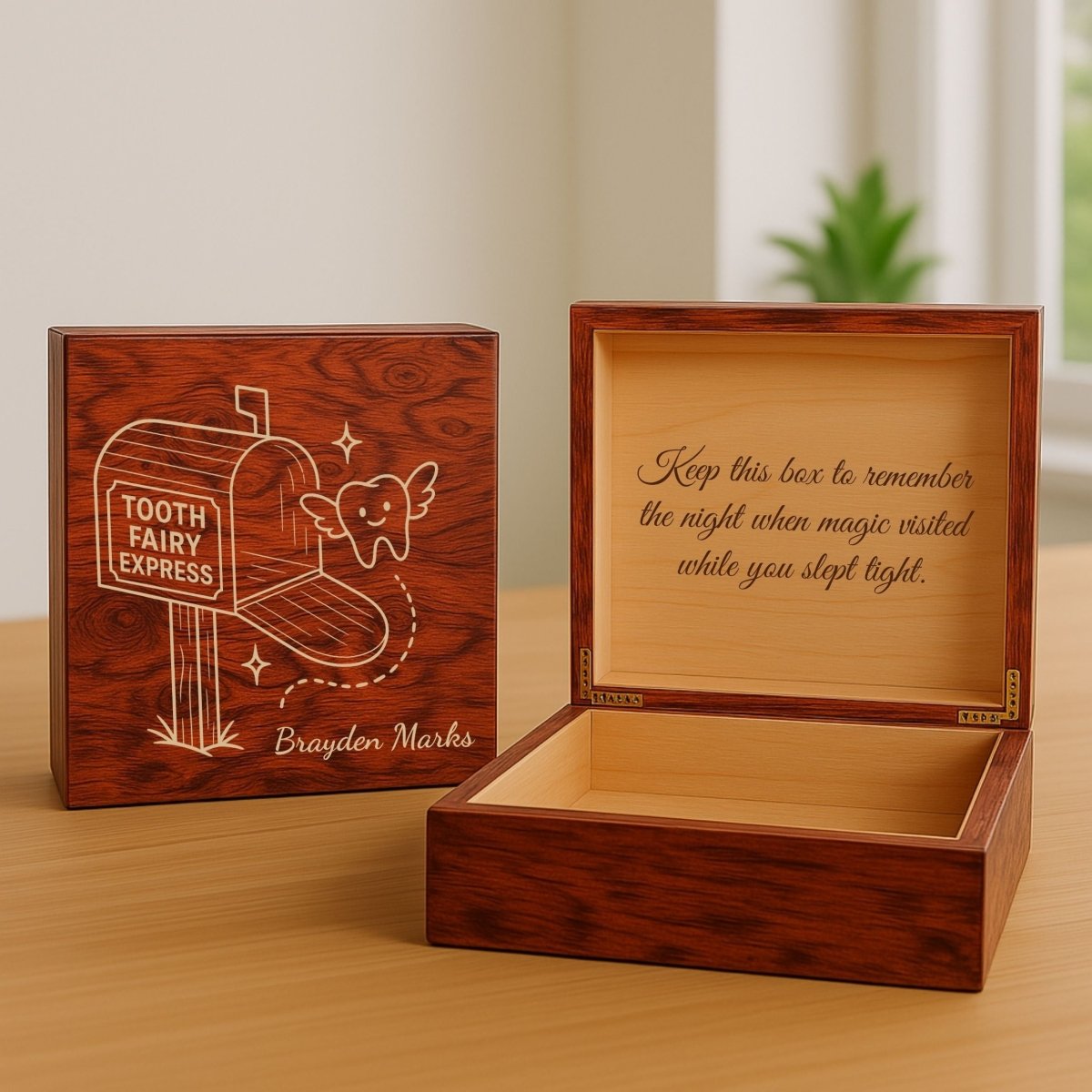 Wooden tooth fairy keepsake box with custom child’s name and engraved message