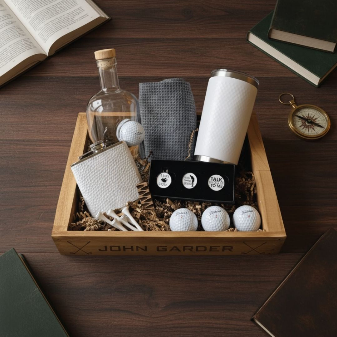 Wooden gift crate personalized with "JOHN GARDER" containing whiskey decanter with golf ball, white tumbler, golf balls, towels, ball markers, and tees on dark wood surface