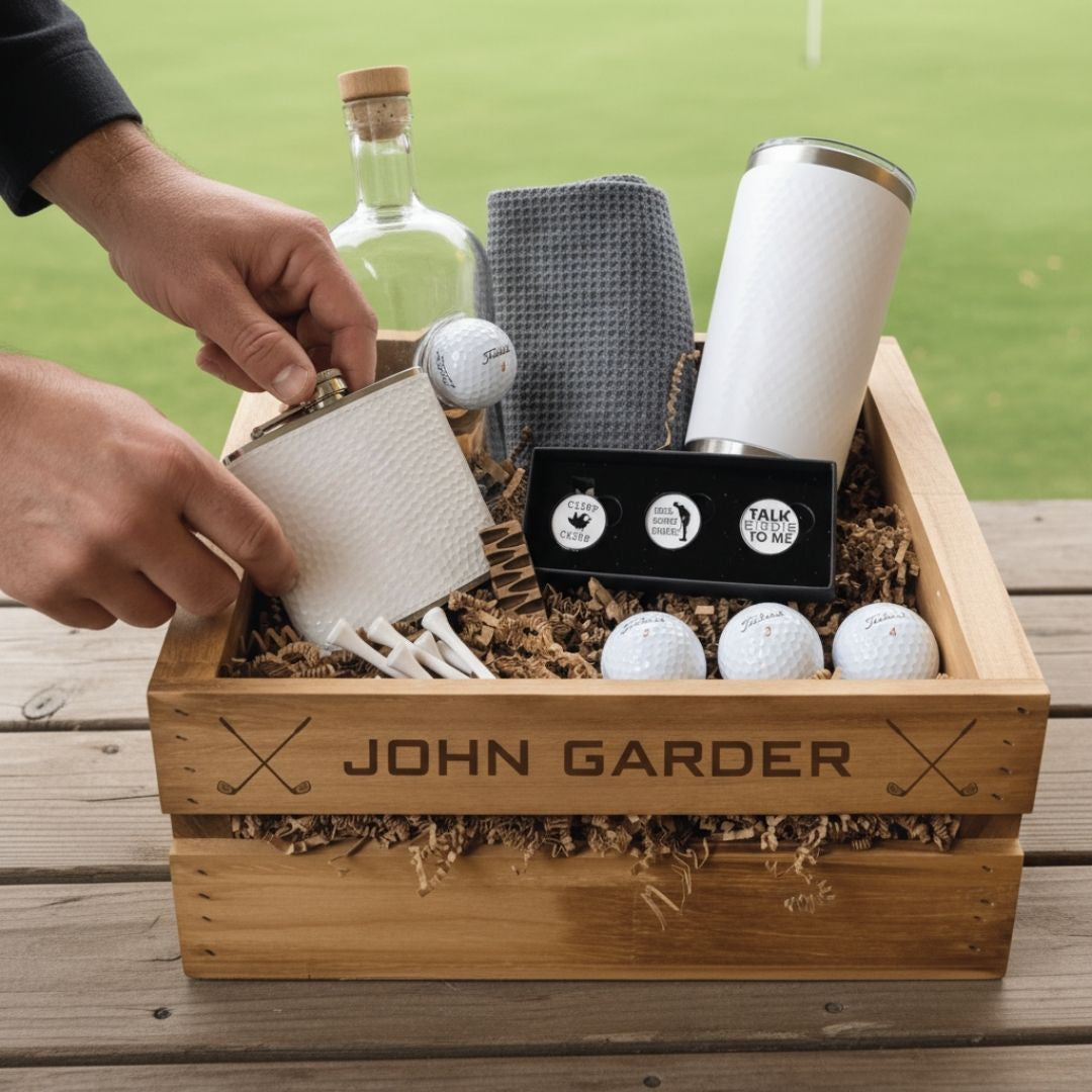 Wooden crate personalized with sample engraving "JOHN GARDER" and crossed clubs motif, filled with white flask, tumbler, golf balls, ball markers, decanter, towel, and whiskey bottle on grass background