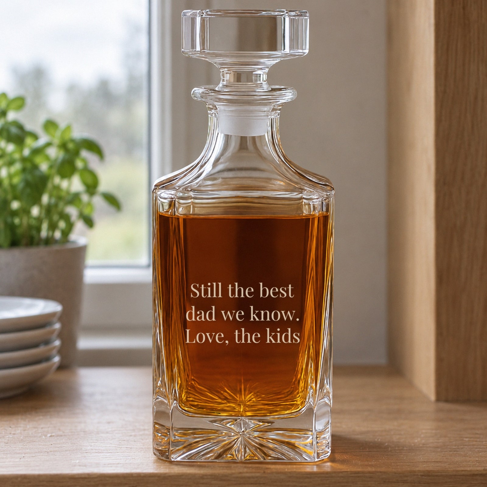 Back of the engraved 45th birthday decanter with the message Still the best dad we know, Love, the kids, a 45th birthday gift for dad