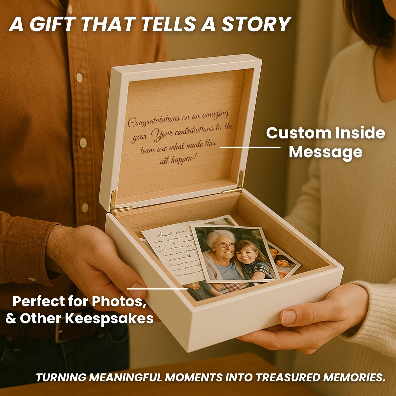 White custom logo keepsake box with Congratulations on an amazing year engraved inside the lid, holding photos and a handwritten note, a personalized corporate gift.