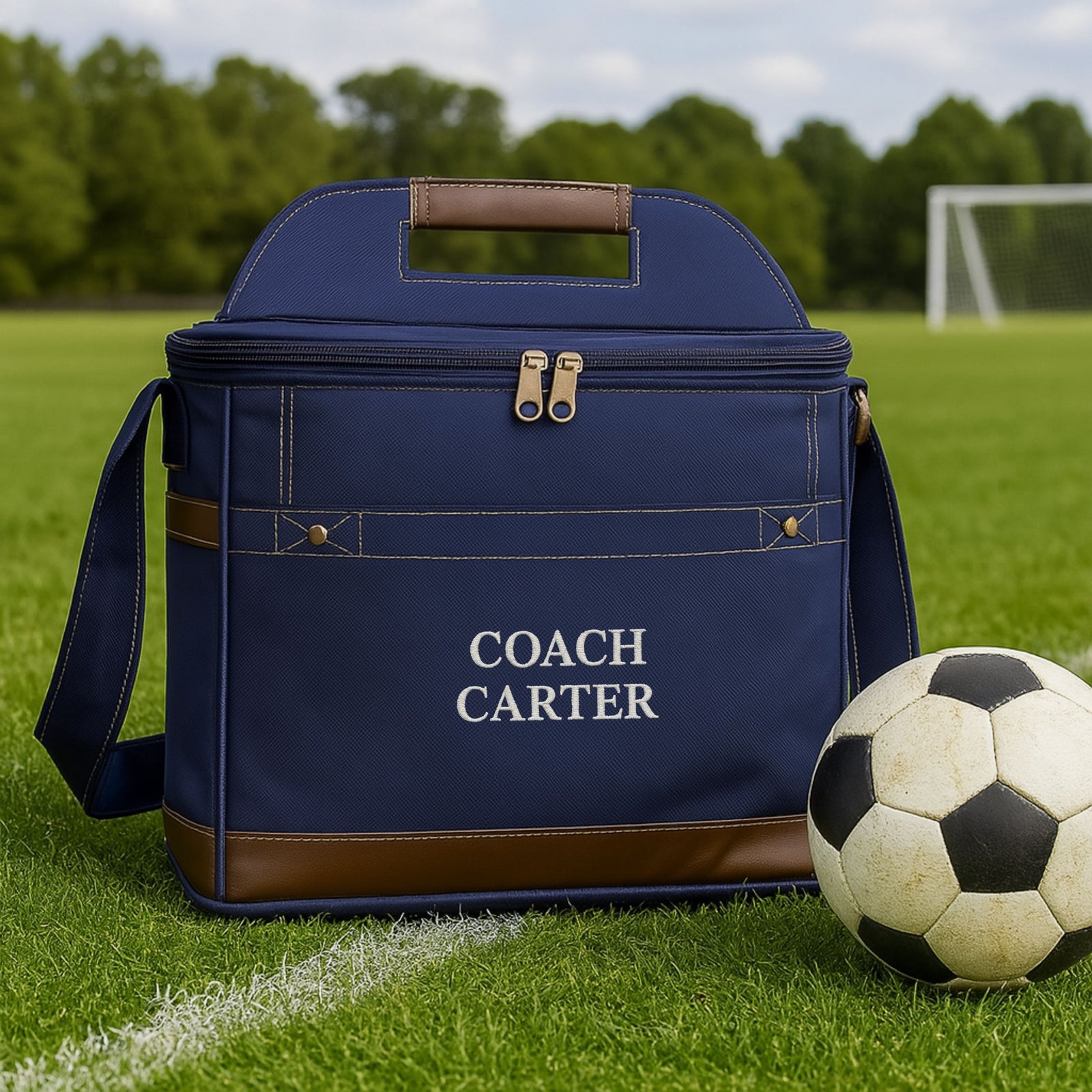 Custom insulated cooler bag for soccer coach with personalized name and durable handle on kitchen counter