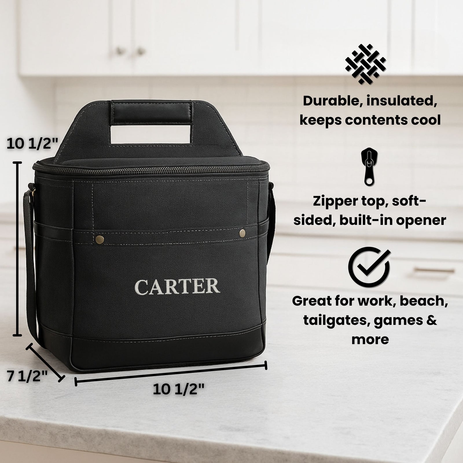 Custom insulated cooler bag for soccer coach with personalized name and durable handle on kitchen counter