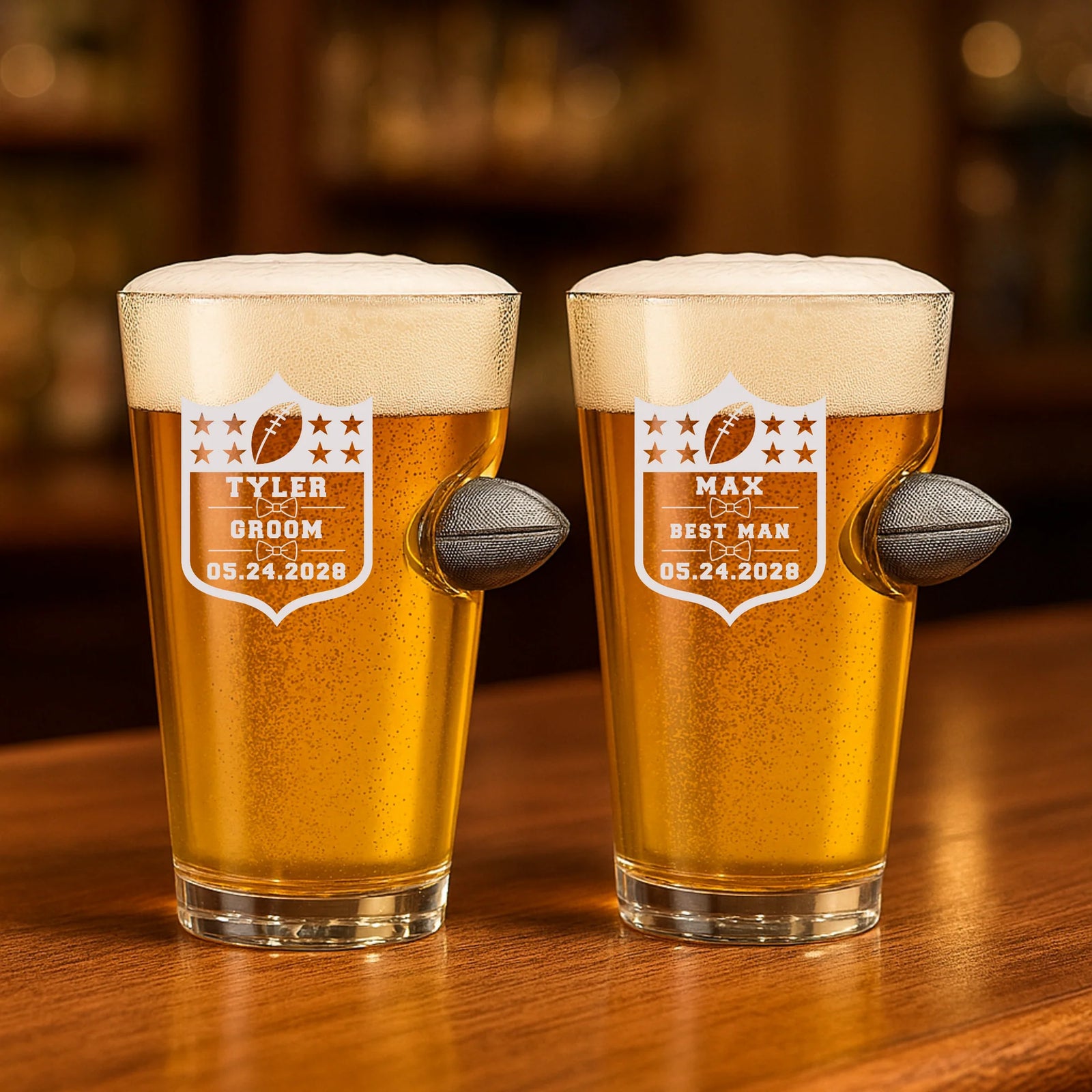 Custom football-themed groomsmen pint glass with engraved name, role, and wedding date