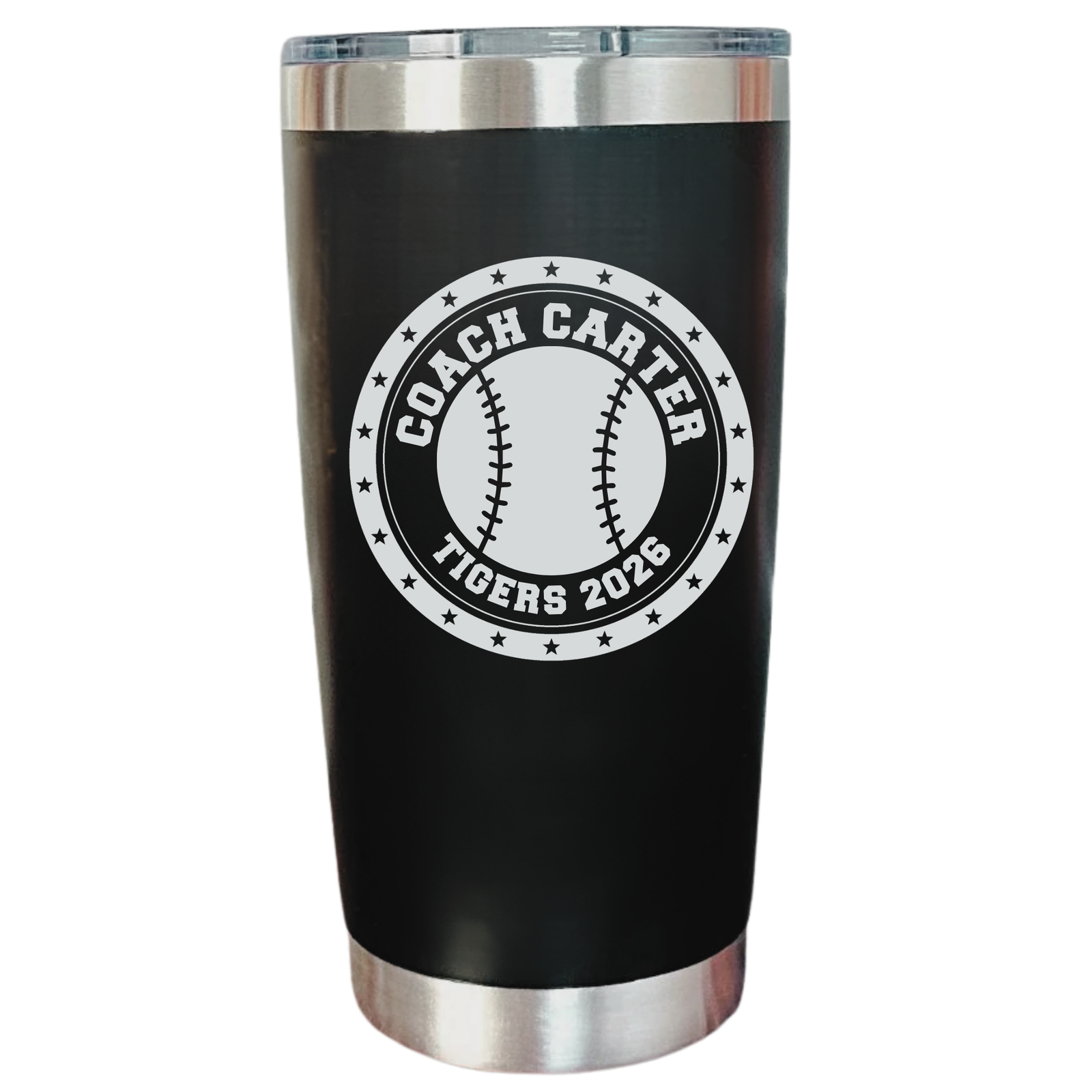 Personalized baseball coach tumbler in black stainless steel, laser engraved with COACH CARTER and TIGERS 2026 on a baseball crest, a baseball coach gift