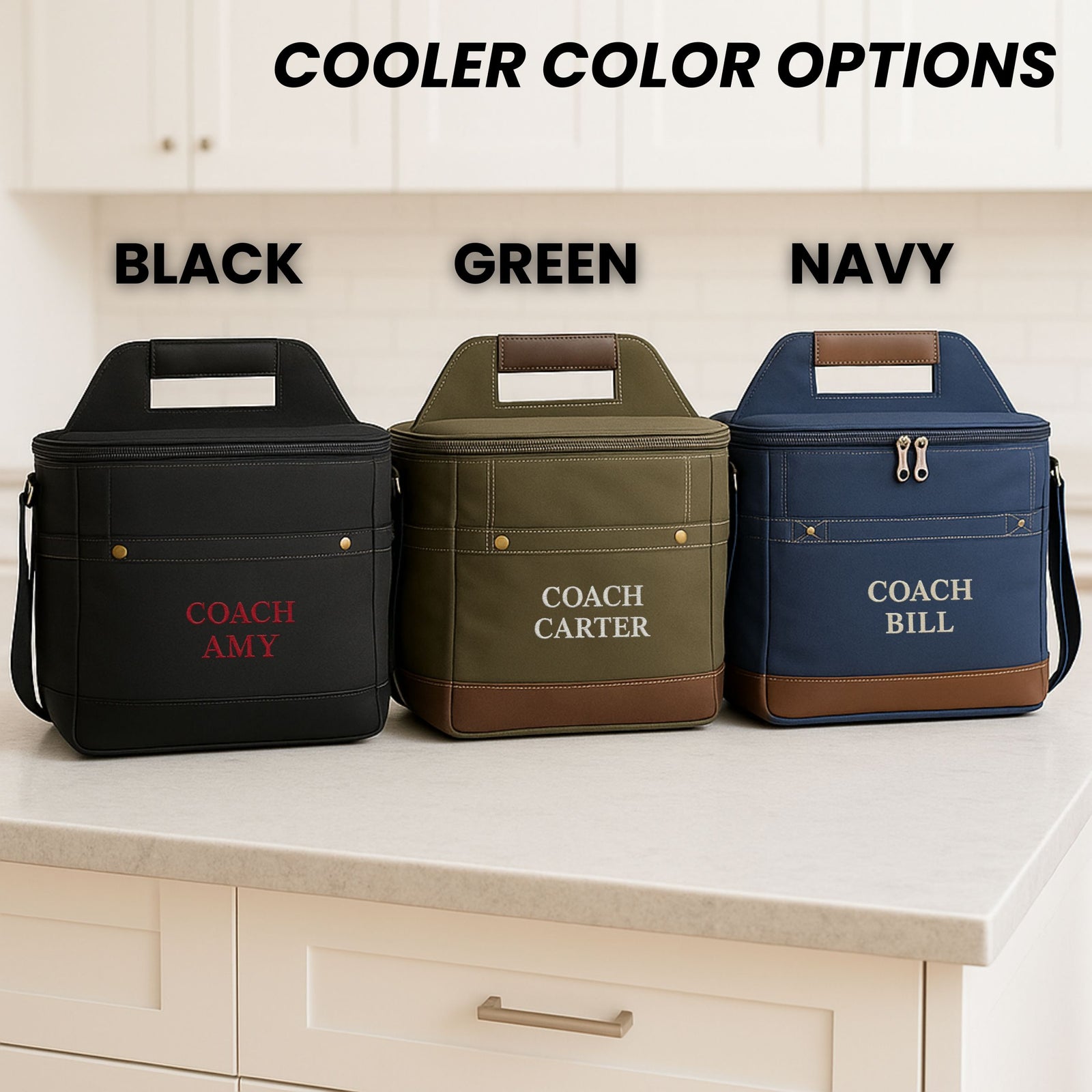 Custom insulated cooler bag for soccer coach with personalized name and durable handle on kitchen counter