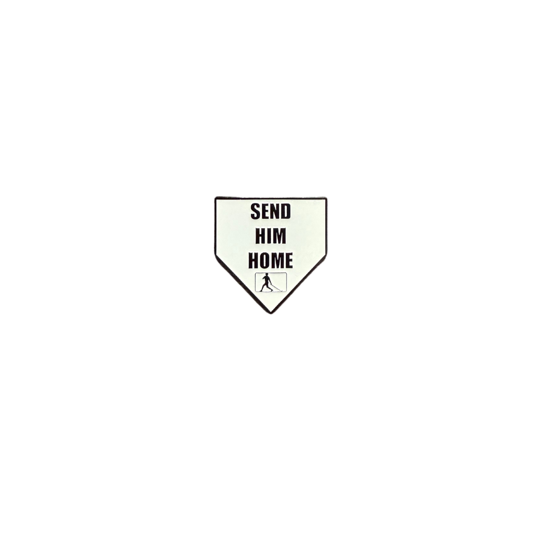 Home plate-shaped golf ball marker with “Send Him Home” text and magnetic backing for easy attachment.