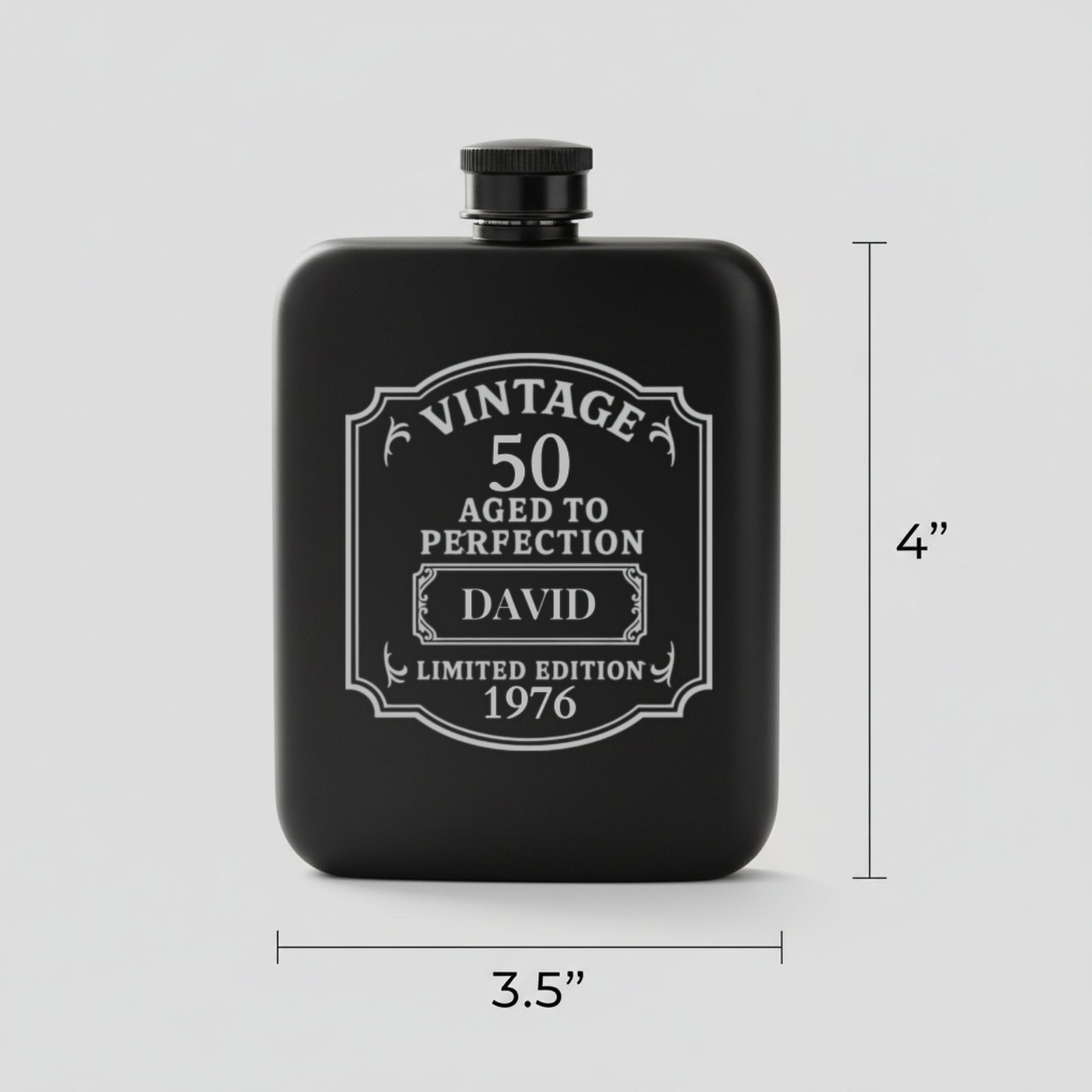 Size guide for the personalized 50th birthday flask, 3.5 inches wide by 4 inches tall, holding 6 ounces, engraved for David, born 1976.
