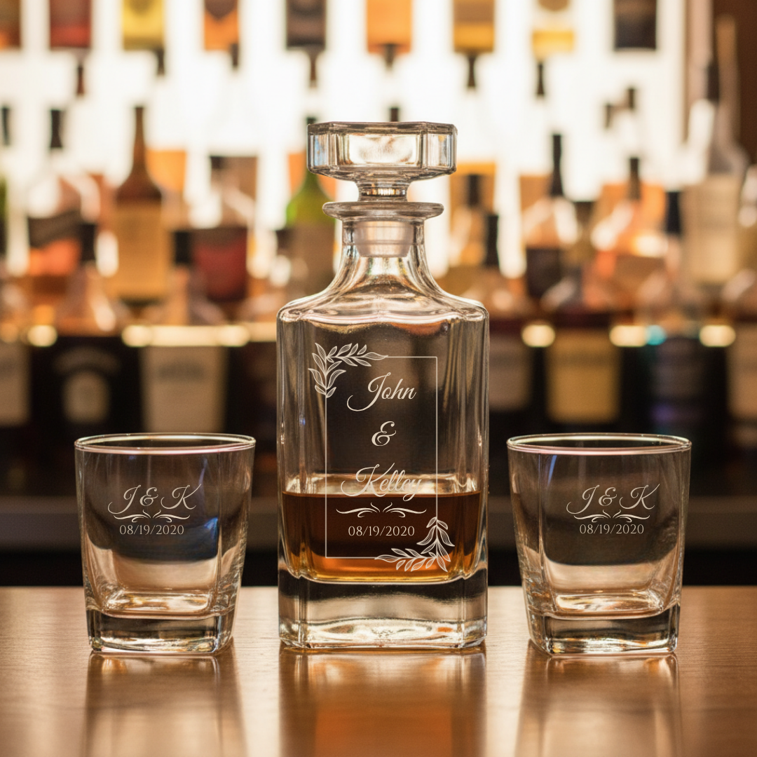 6 year anniversary whiskey decanter set styled on a bar, the engraved decanter flanked by two matching rocks glasses with the couple's initials.