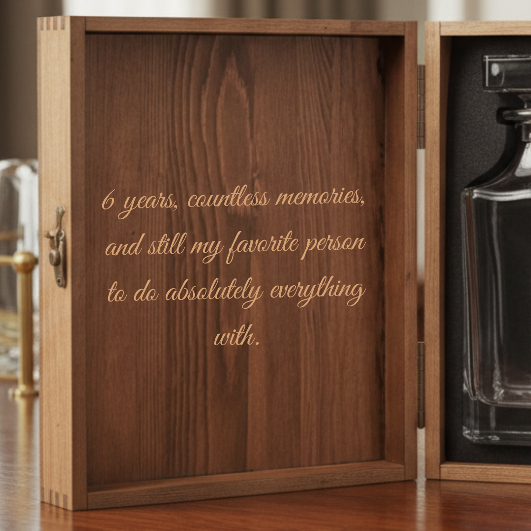 Close-up of the private message engraved inside the lid of the 6 year anniversary decanter box, the personalization the couple reads every time they open it.