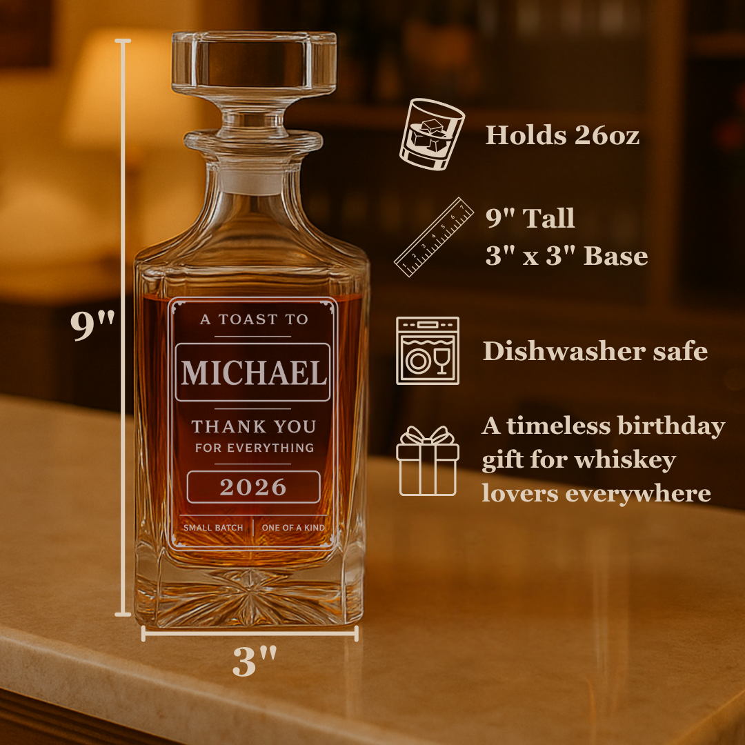 Personalized thank you whiskey decanter engraved with a name, thank you and the year, shown with a spec card listing 26oz capacity and a 9 inch height.
