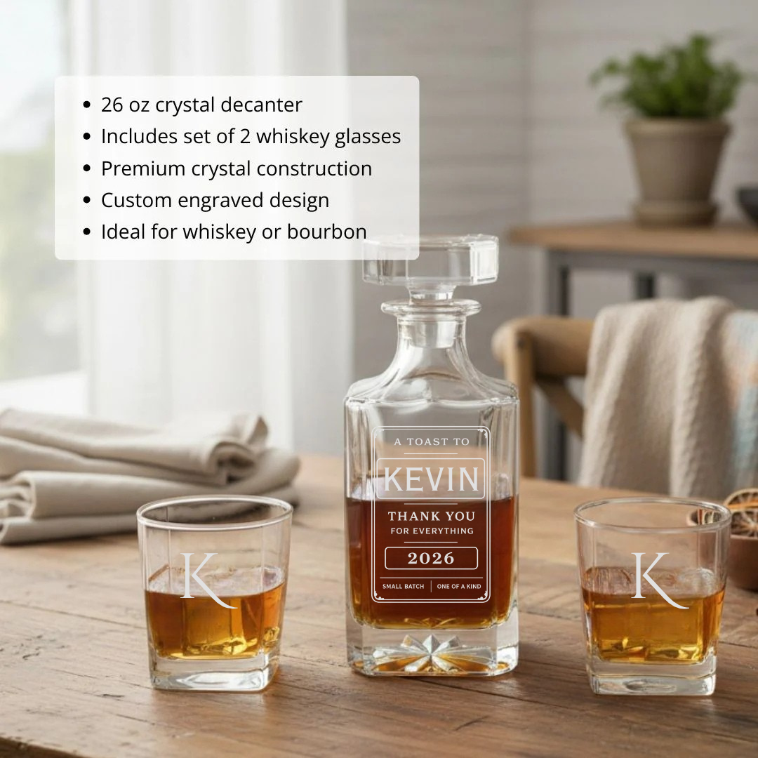 Personalized thank you decanter set on a wood table with two monogrammed whiskey glasses and a feature list covering the crystal decanter and engraved design.