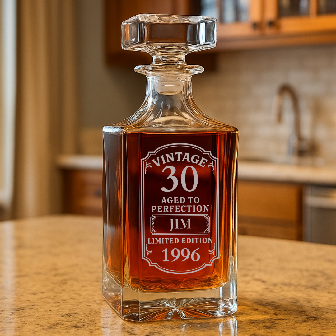 Crystal decanter engraved with sample personalization "VINTAGE 30 AGED TO PERFECTION JIM LIMITED EDITION 1996" filled with amber whiskey, displayed on wooden surface