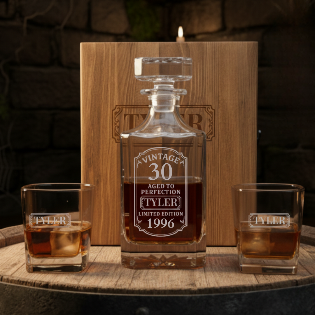 Personalized whiskey decanter set with sample engraving "TYLER" and "1996," including crystal decanter with stopper and two matching rocks glasses, displayed with wooden chest