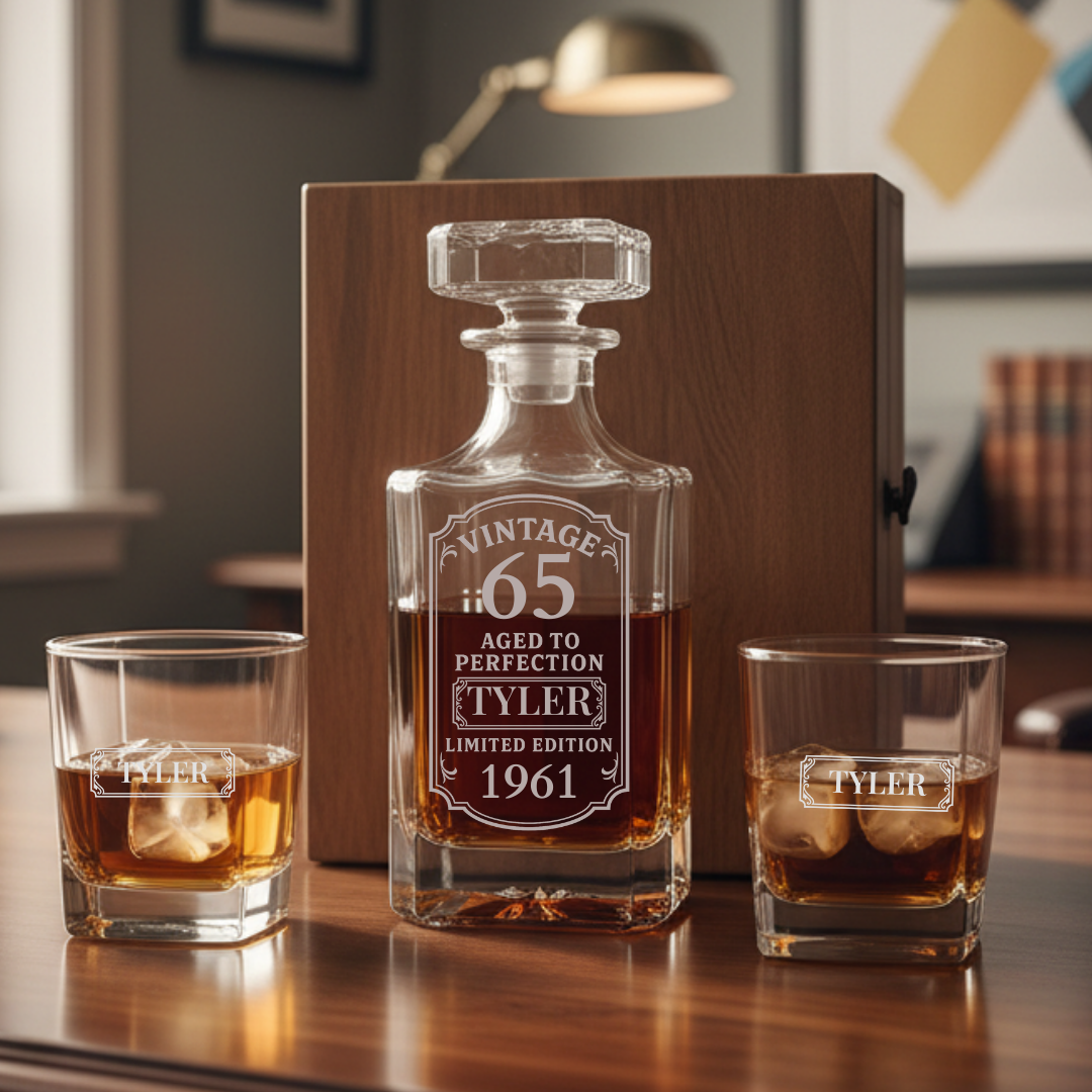 Personalized whiskey decanter set with sample engraving "Vintage 65 Aged to Perfection Tyler Limited Edition 1961" on crystal decanter and matching glasses, displayed with wooden presentation box
