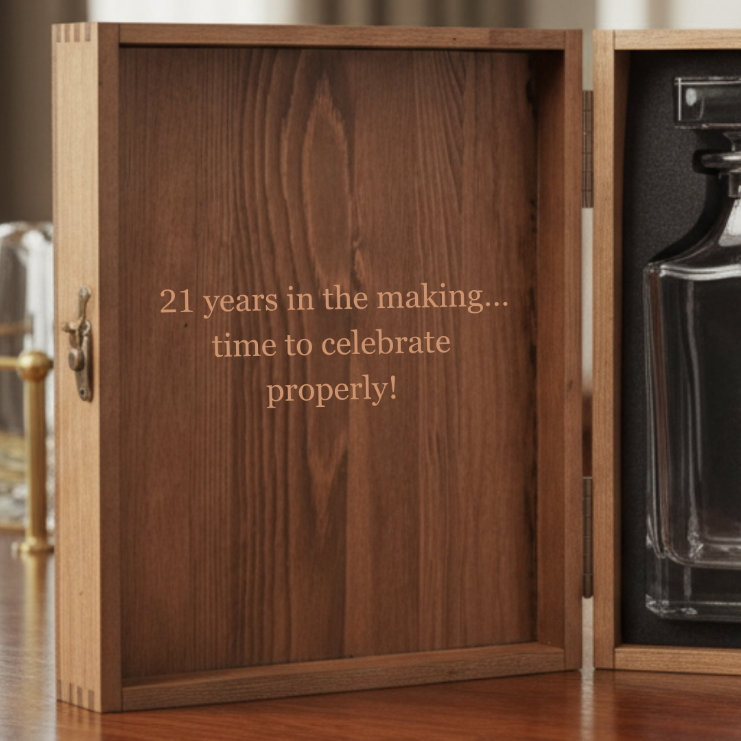Wooden whiskey decanter with brass handle, engraved with sample text "21 years in the making... time to celebrate properly!" displayed on wood surface