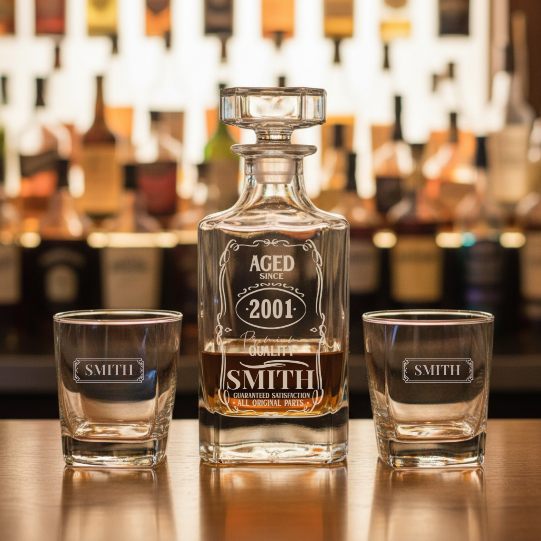 Whiskey decanter with stopper engraved with sample name "SMITH" and "Aged Since 2001" design, displayed with two matching rocks glasses on bar counter