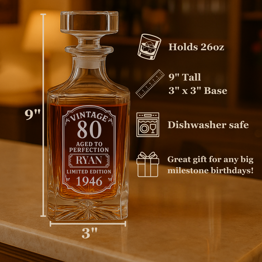 Crystal whiskey decanter with sample engraving reading "Vintage 80 Aged to Perfection Ryan Limited Edition 1946," shown with dimensions and product specifications on warm wood surface.