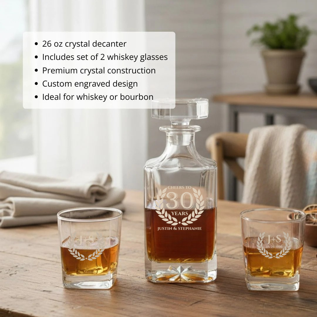 Crystal decanter set with sample engraving reading "Cheers to 30 Years Justin & Stephanie" and two matching whiskey glasses with monogrammed initials filled with bourbon