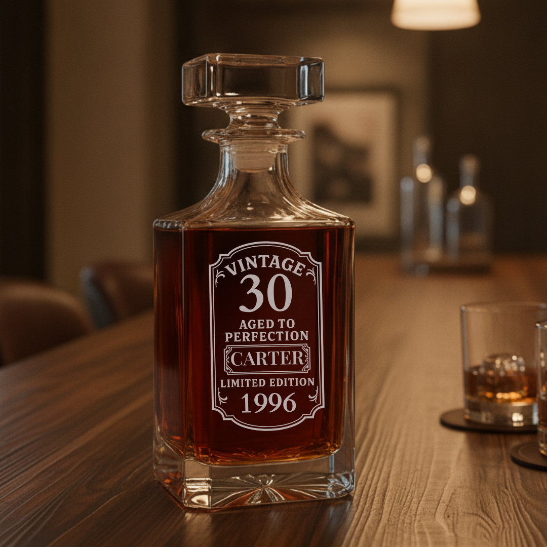 Crystal decanter filled with amber liquid, engraved with sample personalization reading "Vintage 30 Aged to Perfection Carter Limited Edition 1996
