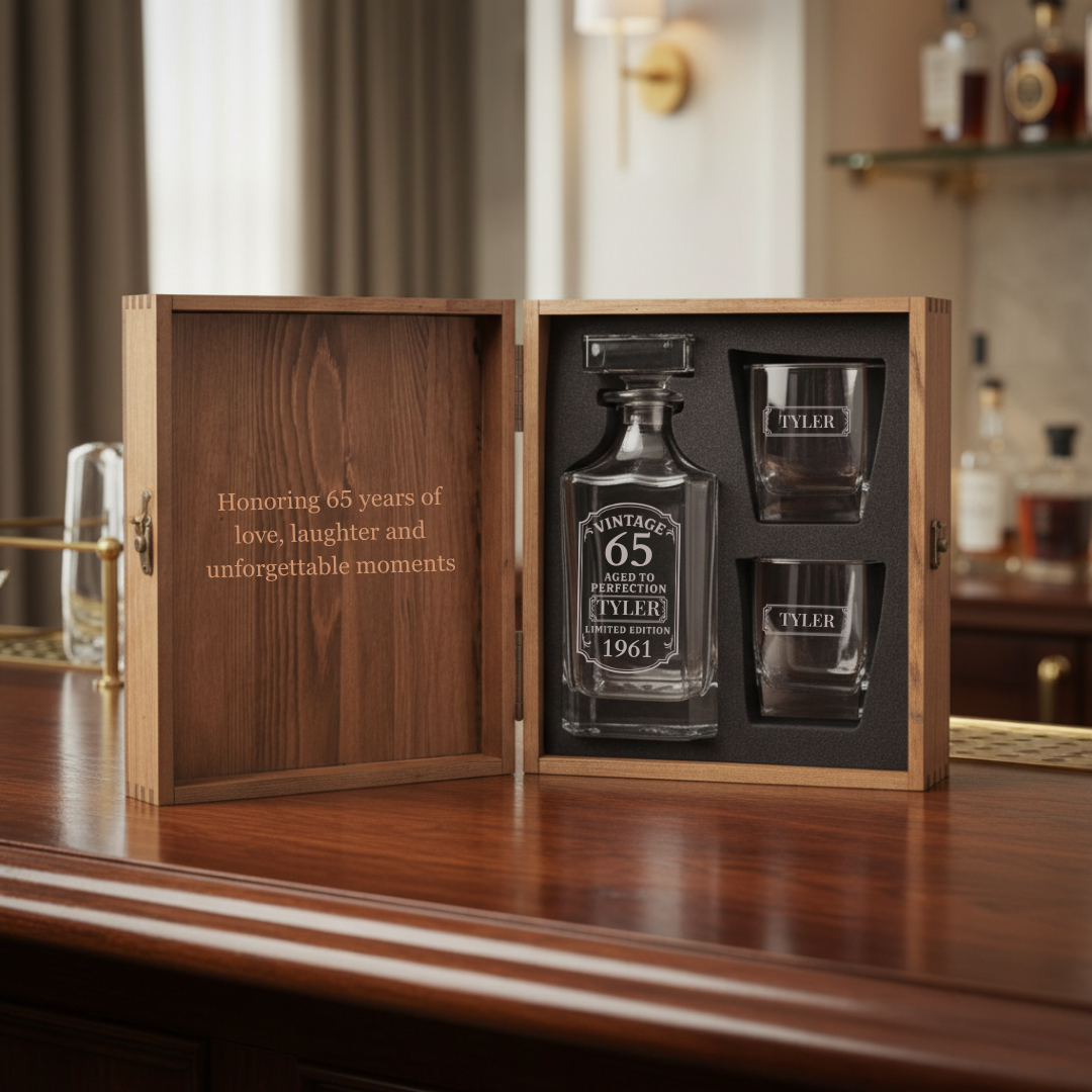 Wooden box set opened to reveal laser-etched decanter labeled "Vintage 65 Aged to Perfection" with sample name "Tyler" and two matching glasses, interior lid engraved with "Honoring 65 years of love, laughter and unforgettable moments