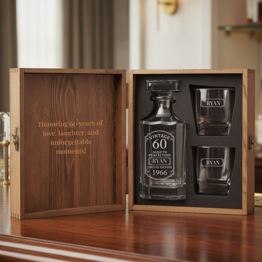 Wooden box opened to reveal whiskey decanter engraved with sample text "VINTAGE 60 AGED TO PERFECTION RYAN LIMITED EDITION 1966" and two matching glasses personalized with "RYAN