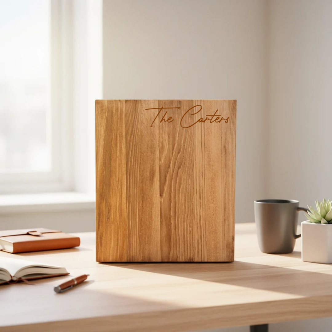Wooden decanter chest with sample engraving reading "The Carters" in cursive script, displayed on desk with open book and coffee mug