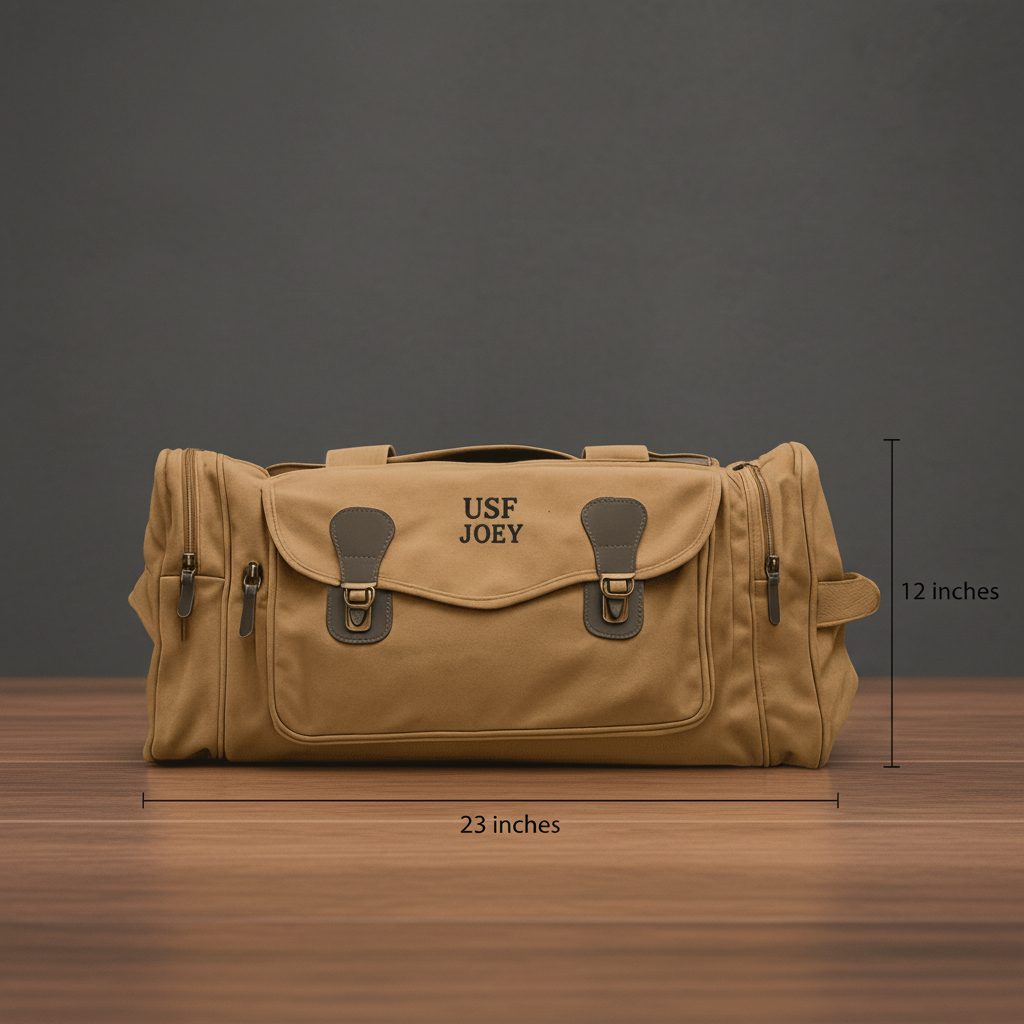 Tan canvas duffle bag with leather handles and trim, personalized with sample embroidery "USF JOEY" on front flap, displayed with dimension measurements of 23 inches wide by 12 inches tall