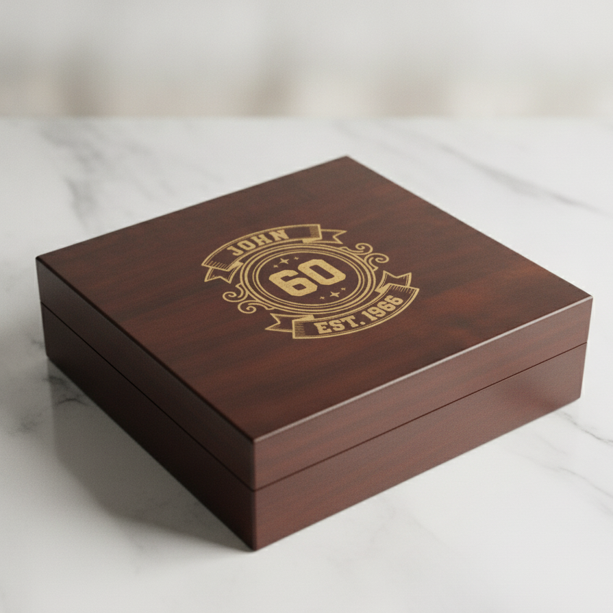 Personalized 60th birthday keepsake box in dark cherry wood engraved with a gold vintage emblem showing a name, the number 60, and the birth year, on a bright marble surface
