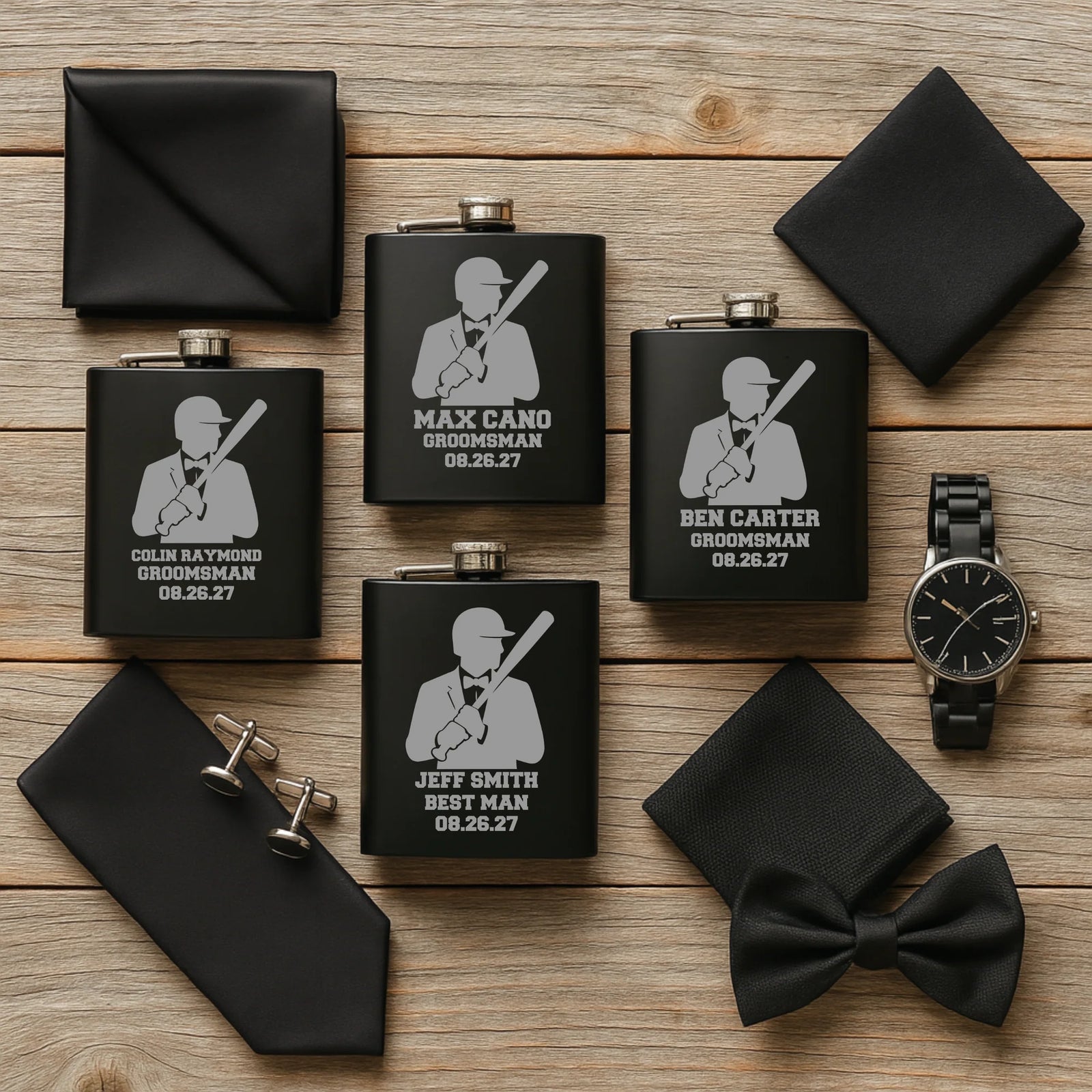 Matte black personalized groomsmen flask with engraved name, wedding role, date, and baseball silhouette design