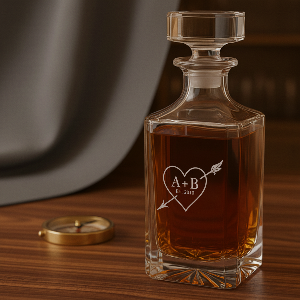 Crystal decanter filled with amber liquid, engraved with sample heart and arrow design reading "A+B Est. 2010", displayed on wooden surface with compass beside it.