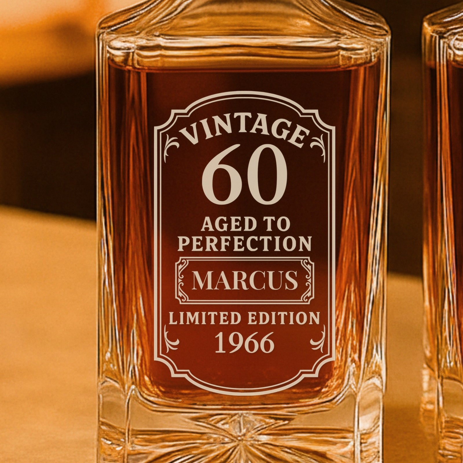 Personalized 60th birthday decanter with a Vintage 60 Aged to Perfection label engraved with the name MARCUS and 1966, a gift for a 60th birthday man
