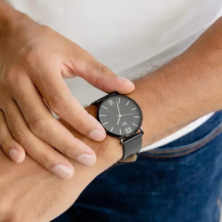 Unique Personalized Black Leather Time Piece Customized Watches Gifts for Men by Groovy Guy