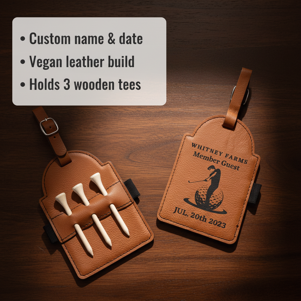 Vegan leather golf bag tag with sample personalization reading "WHITNEY FARMS Member Guest" and golfer silhouette, holding six wooden tees, shown with matching tag featuring sample engraving