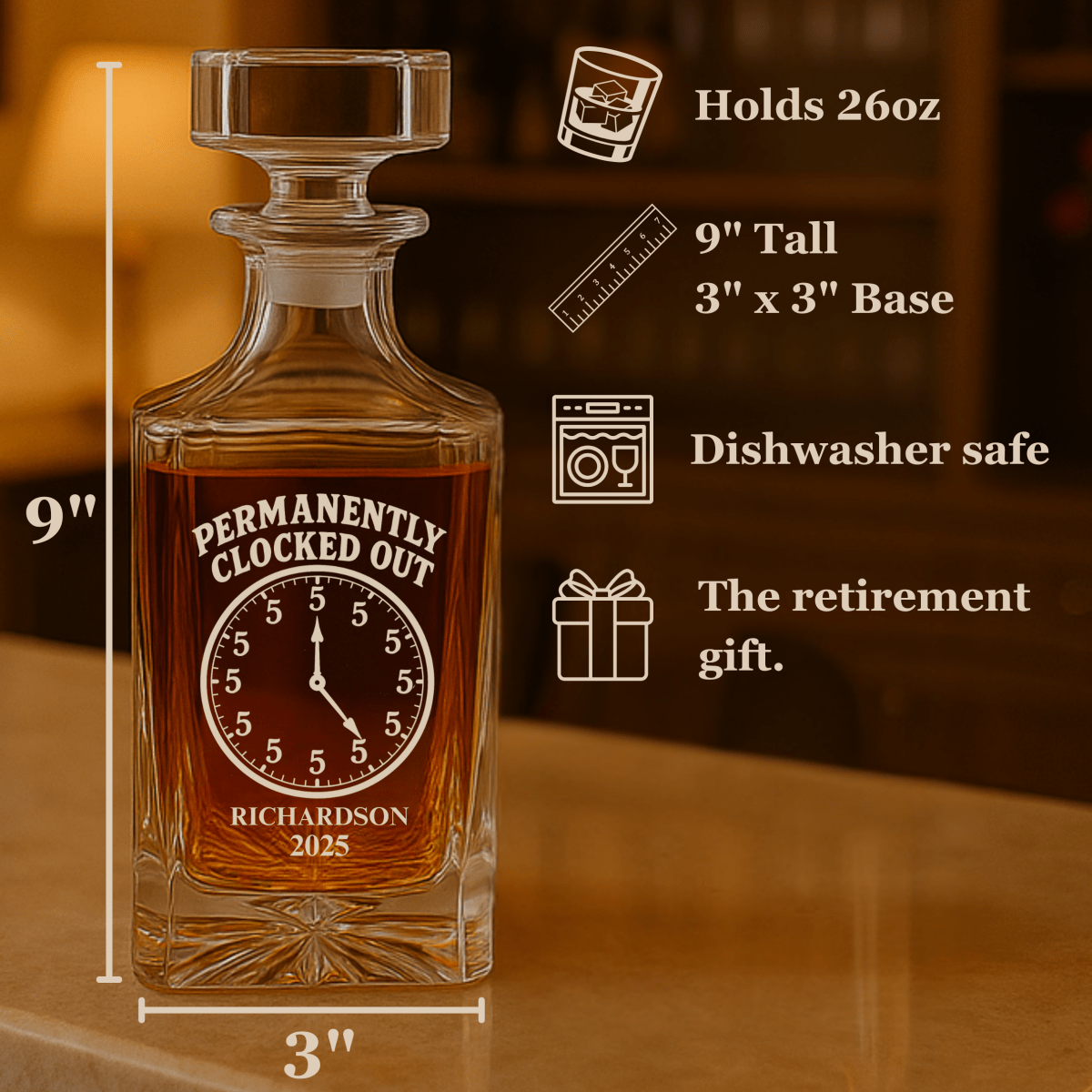 Unique Personalized It's Always 5 O'clock Decanter Customized Retirement Gifts for Men by Groovy Guy